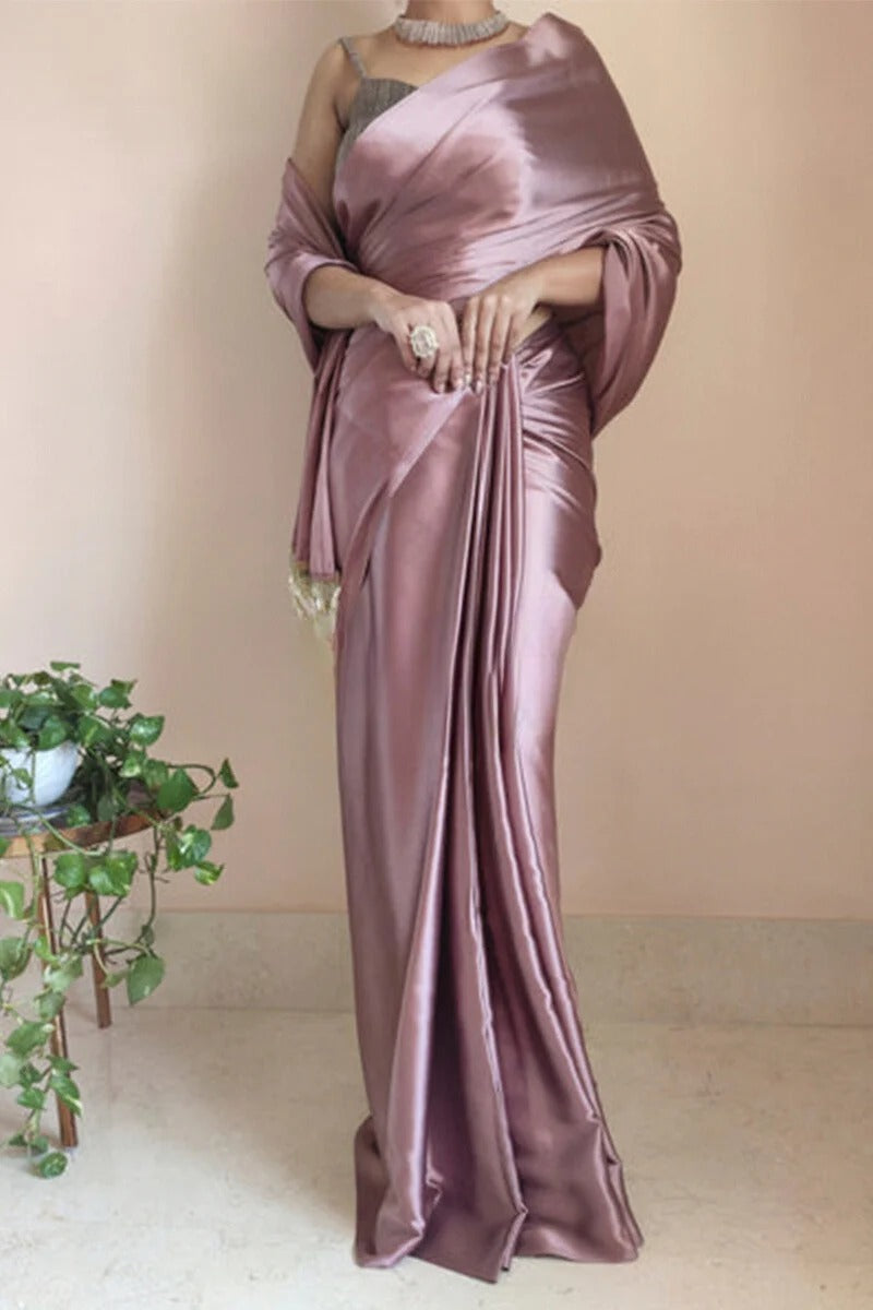 Adorning Rose Gold 1 Minute Ready To Wear Satin Silk Saree With Handmade Tassels