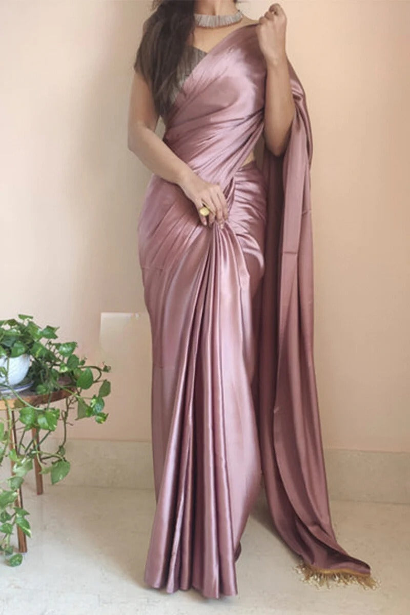 Adorning Rose Gold 1 Minute Ready To Wear Satin Silk Saree With Handmade Tassels