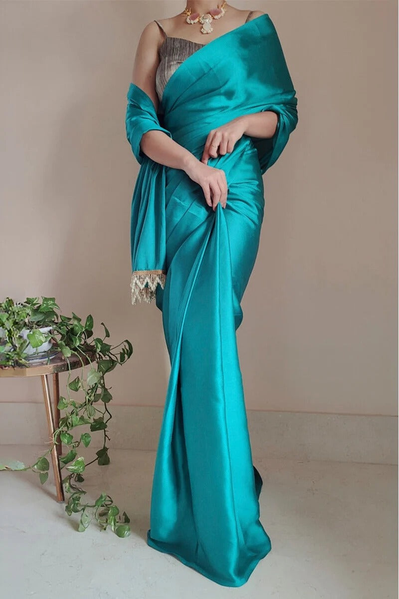 Comely Sea Green 1 Minute Ready To Wear Satin Silk Saree With Handmade Tassels