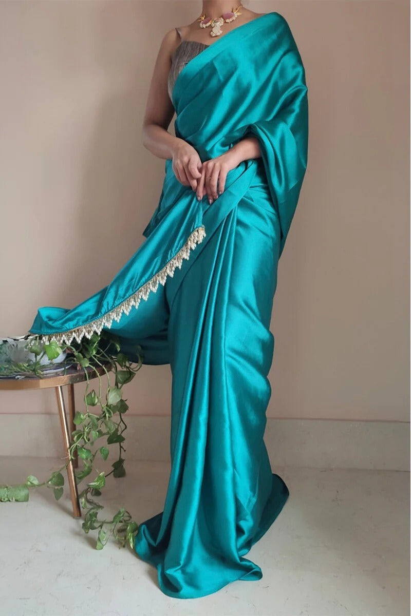 Comely Sea Green 1 Minute Ready To Wear Satin Silk Saree With Handmade Tassels