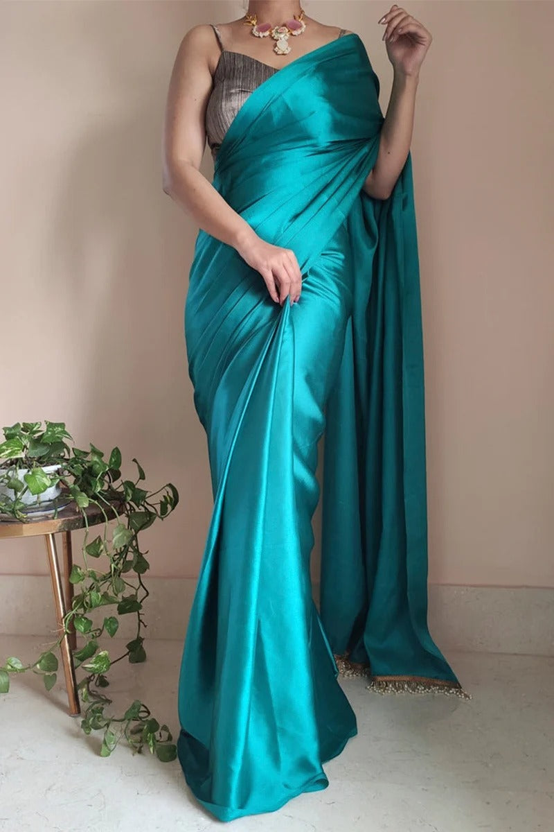 Comely Sea Green 1 Minute Ready To Wear Satin Silk Saree With Handmade Tassels