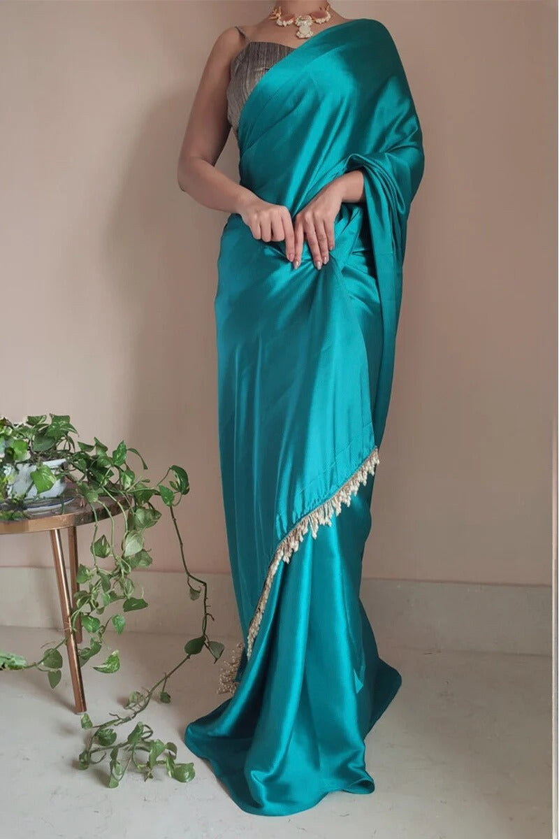 Comely Sea Green 1 Minute Ready To Wear Satin Silk Saree With Handmade Tassels