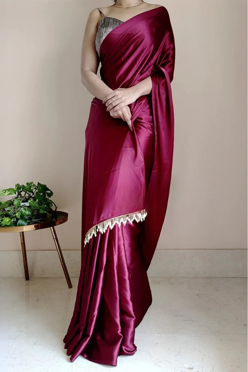 Twirling Wine 1 Minute Ready To Wear Satin Silk Saree With Handmade Tassels