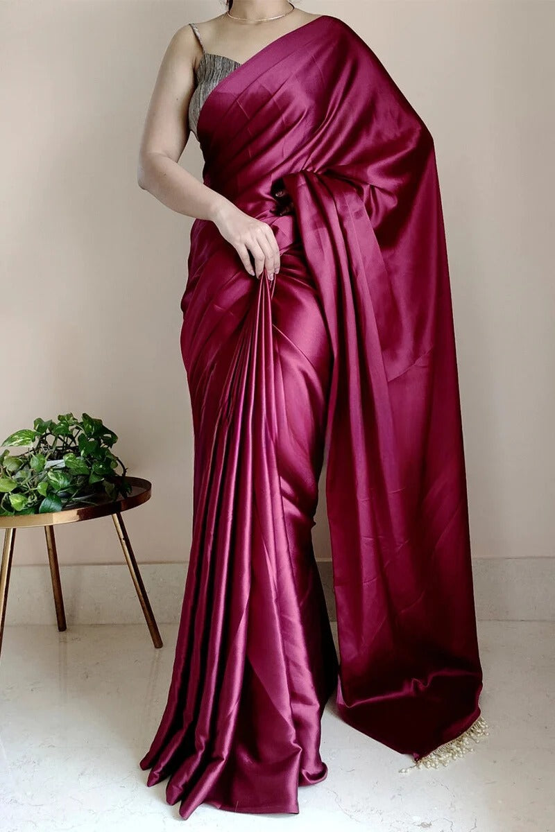 Twirling Wine 1 Minute Ready To Wear Satin Silk Saree With Handmade Tassels