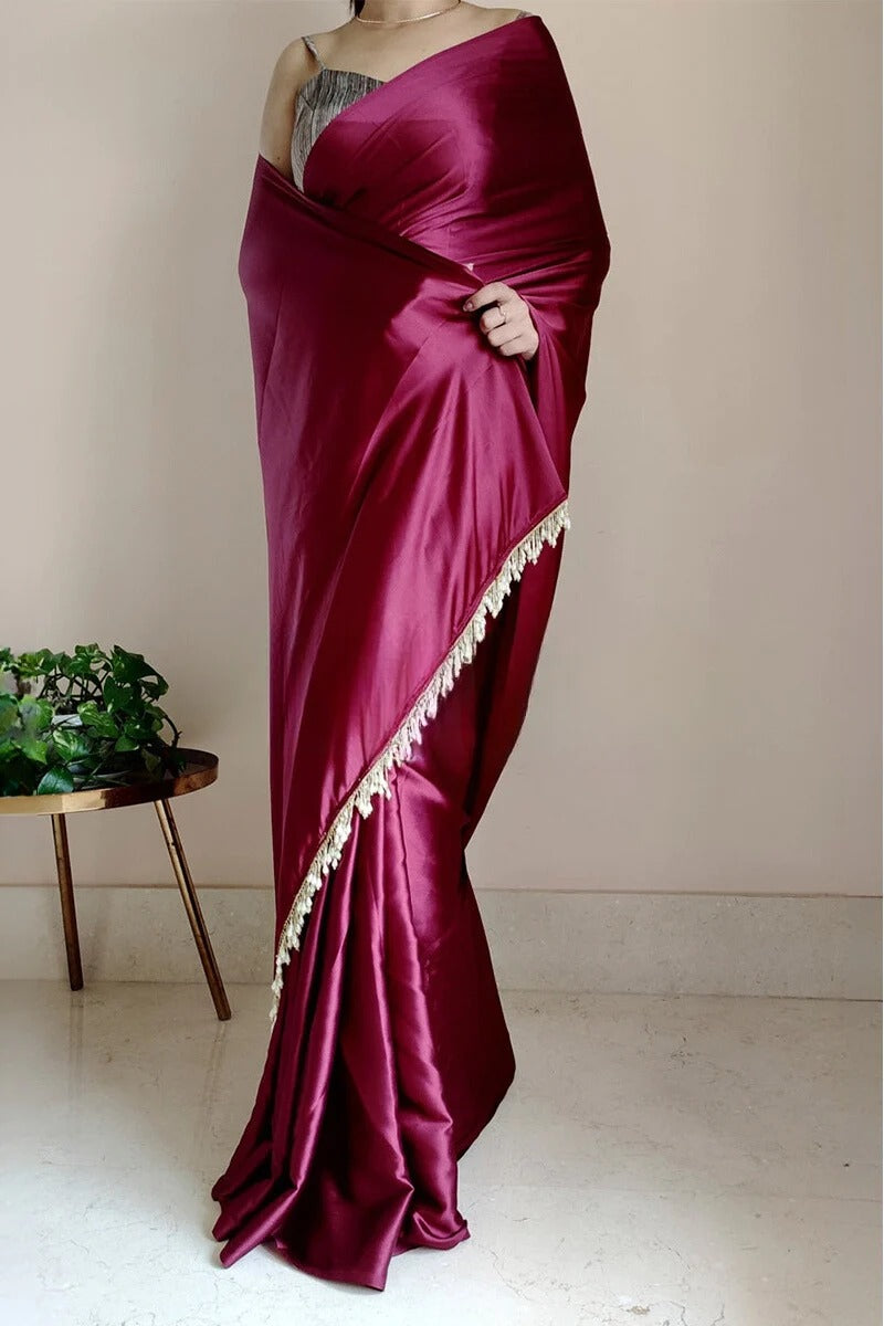 Twirling Wine 1 Minute Ready To Wear Satin Silk Saree With Handmade Tassels