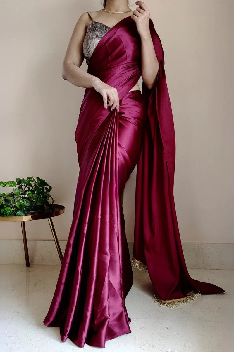 Twirling Wine 1 Minute Ready To Wear Satin Silk Saree With Handmade Tassels