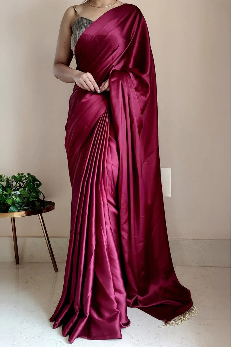 Twirling Wine 1 Minute Ready To Wear Satin Silk Saree With Handmade Tassels