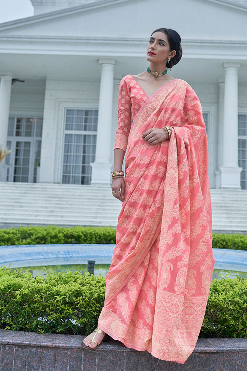 Desiring Peach Lucknowi Silk Saree With Girlish Blouse Piece