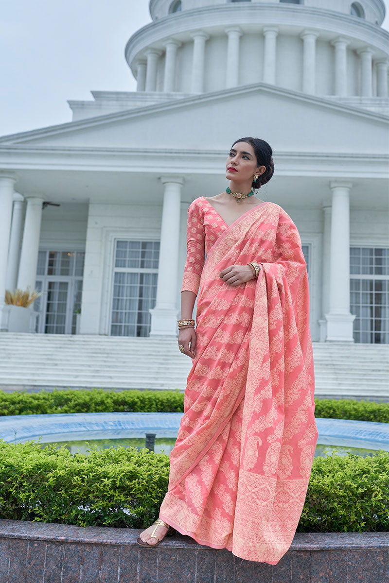 Desiring Peach Lucknowi Silk Saree With Girlish Blouse Piece