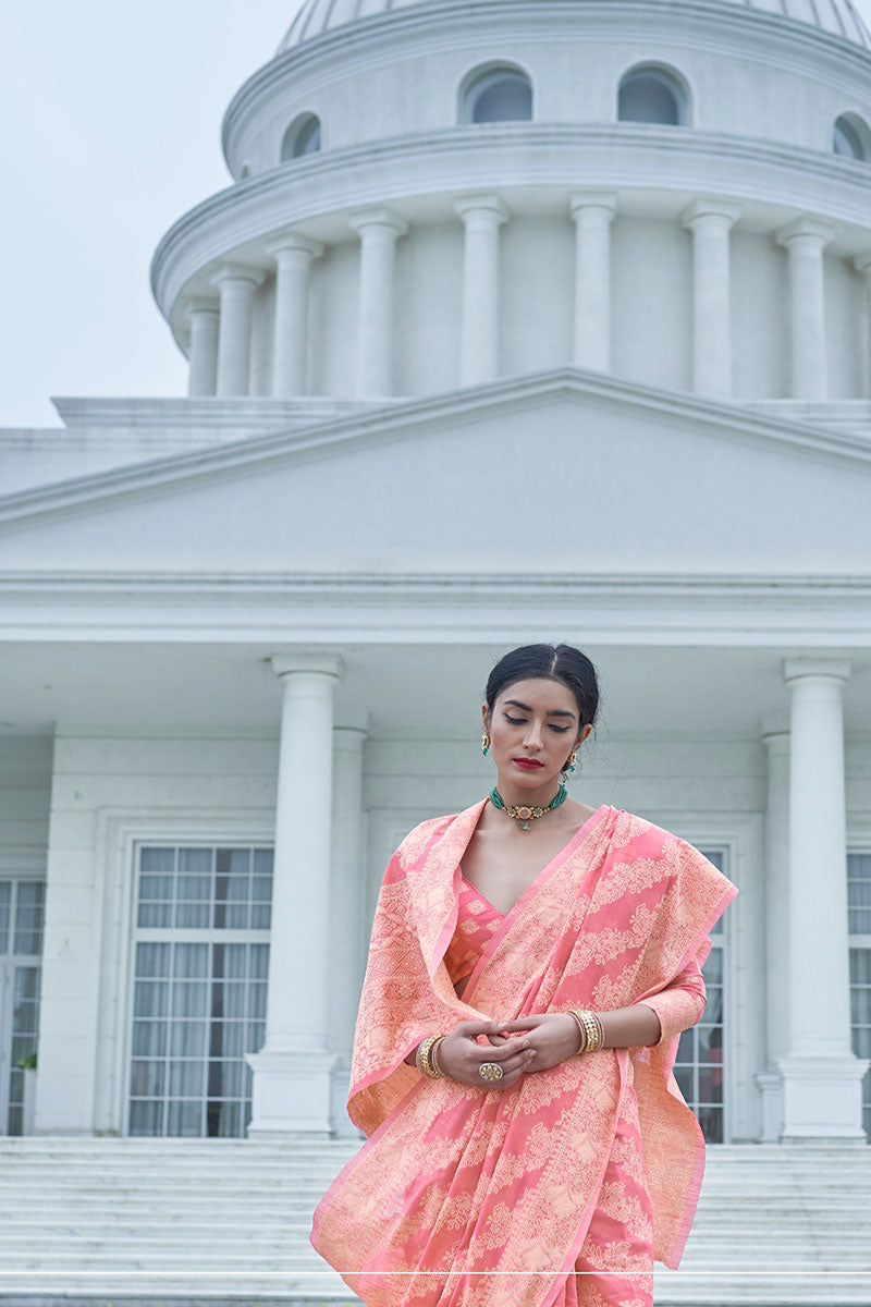 Desiring Peach Lucknowi Silk Saree With Girlish Blouse Piece