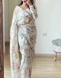 1 Minute Ready To Wear White Color Floral Digital Printed Georgette Chiffon Silk Saree