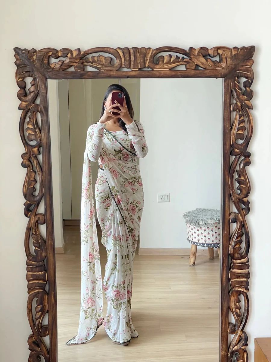 1 Minute Ready To Wear White Color Floral Digital Printed Georgette Chiffon Silk Saree