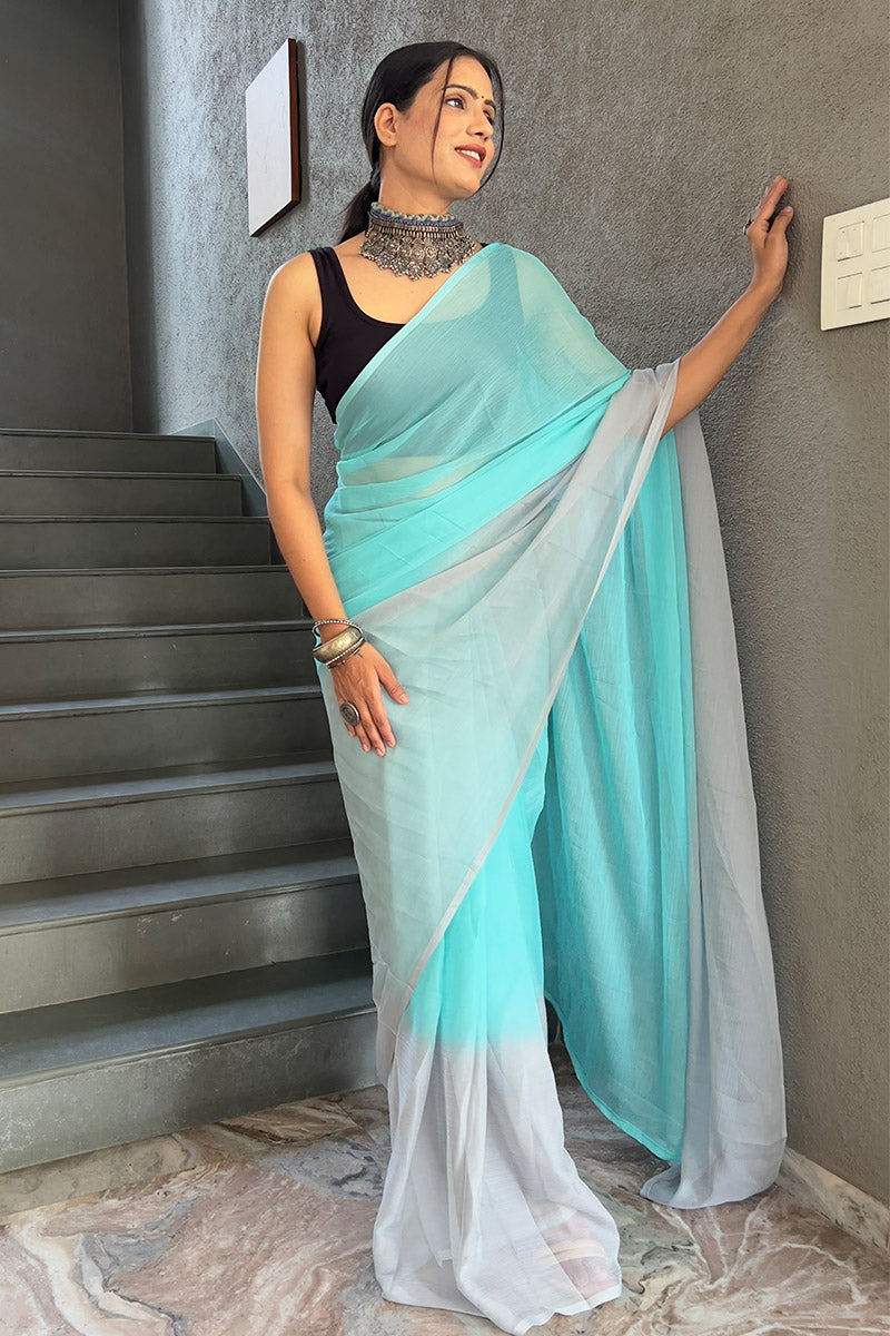 Trendy Sky Blue 1-Minute Ready To Wear Georgette Saree