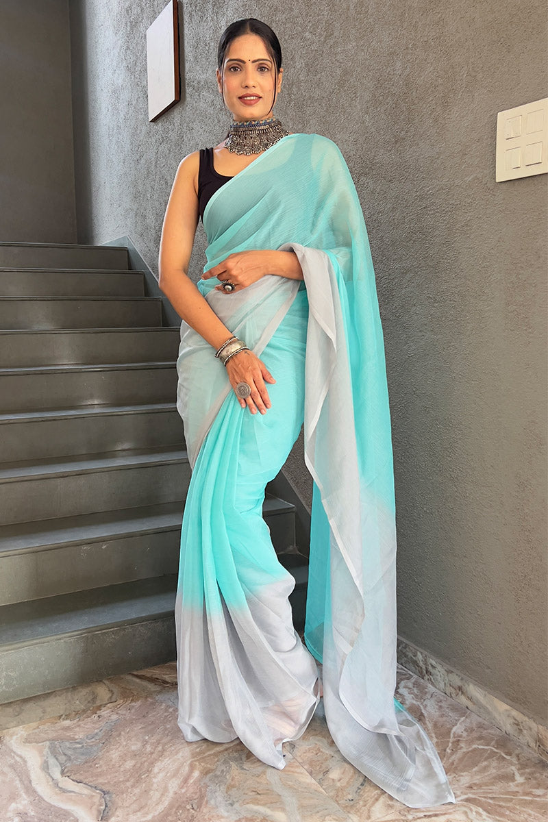 Trendy Sky Blue 1-Minute Ready To Wear Georgette Saree