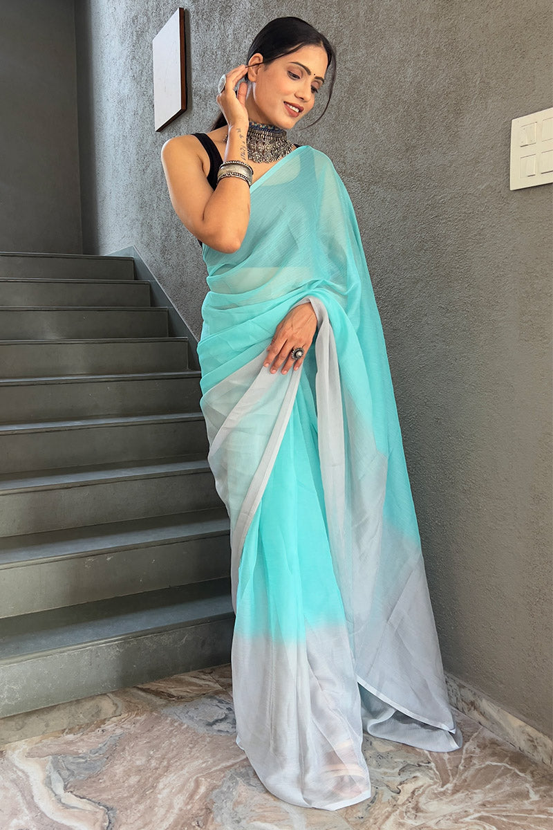 Trendy Sky Blue 1-Minute Ready To Wear Georgette Saree