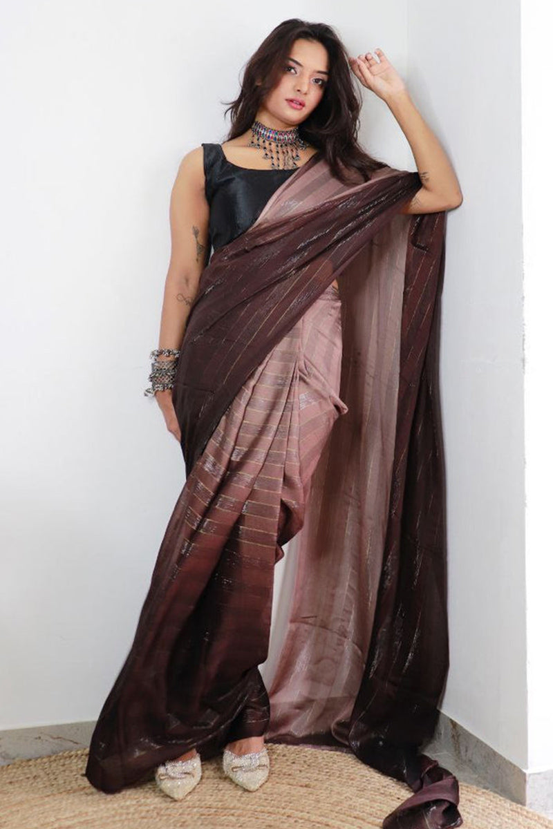 Extraordinary Brown 1 Minute Ready To Wear Nylon Silk Saree