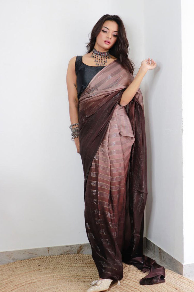 Extraordinary Brown 1 Minute Ready To Wear Nylon Silk Saree