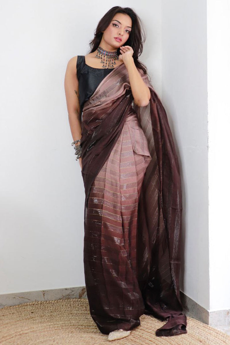 Extraordinary Brown 1 Minute Ready To Wear Nylon Silk Saree