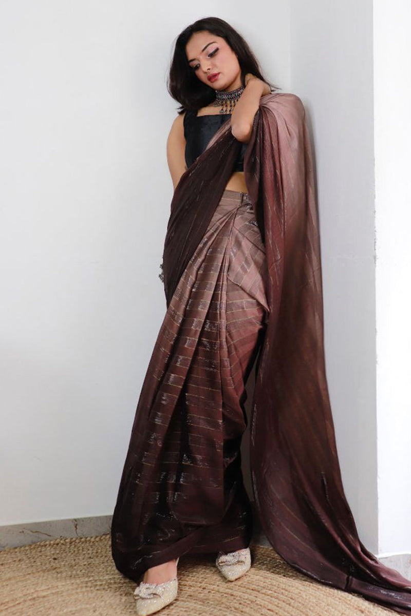 Extraordinary Brown 1 Minute Ready To Wear Nylon Silk Saree