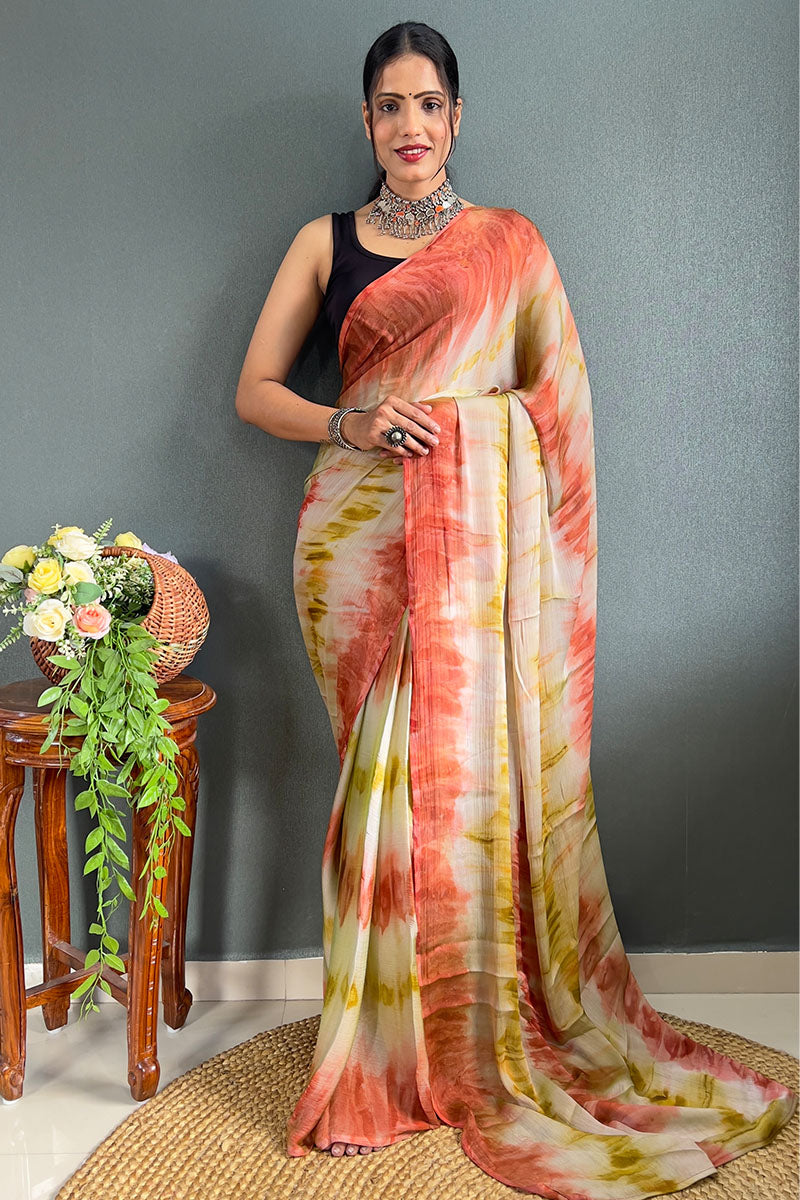 Most Flattering Beige And Orange 1 Minute Ready To Wear Nylon Silk Saree