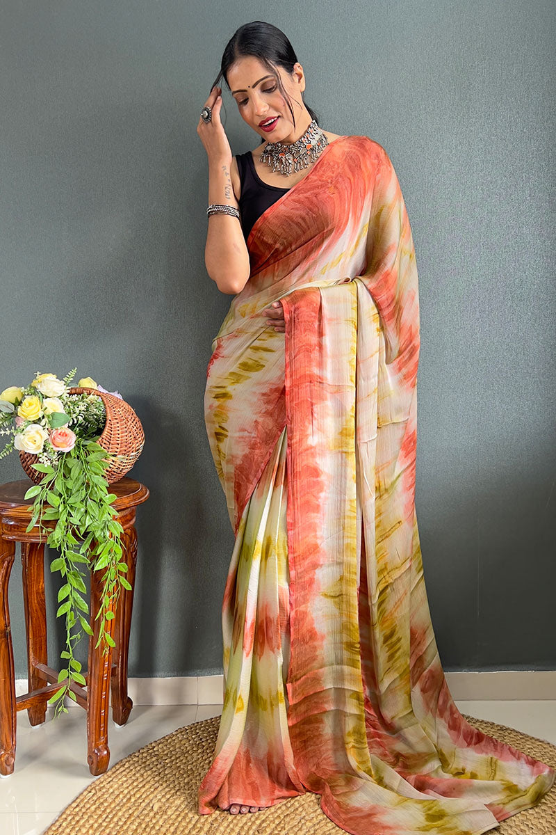 Most Flattering Beige And Orange 1 Minute Ready To Wear Nylon Silk Saree