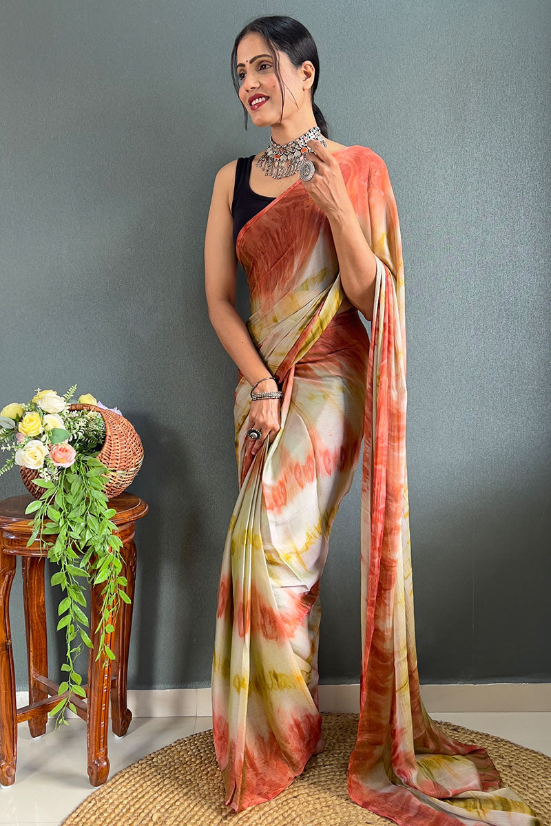 Most Flattering Beige And Orange 1 Minute Ready To Wear Nylon Silk Saree