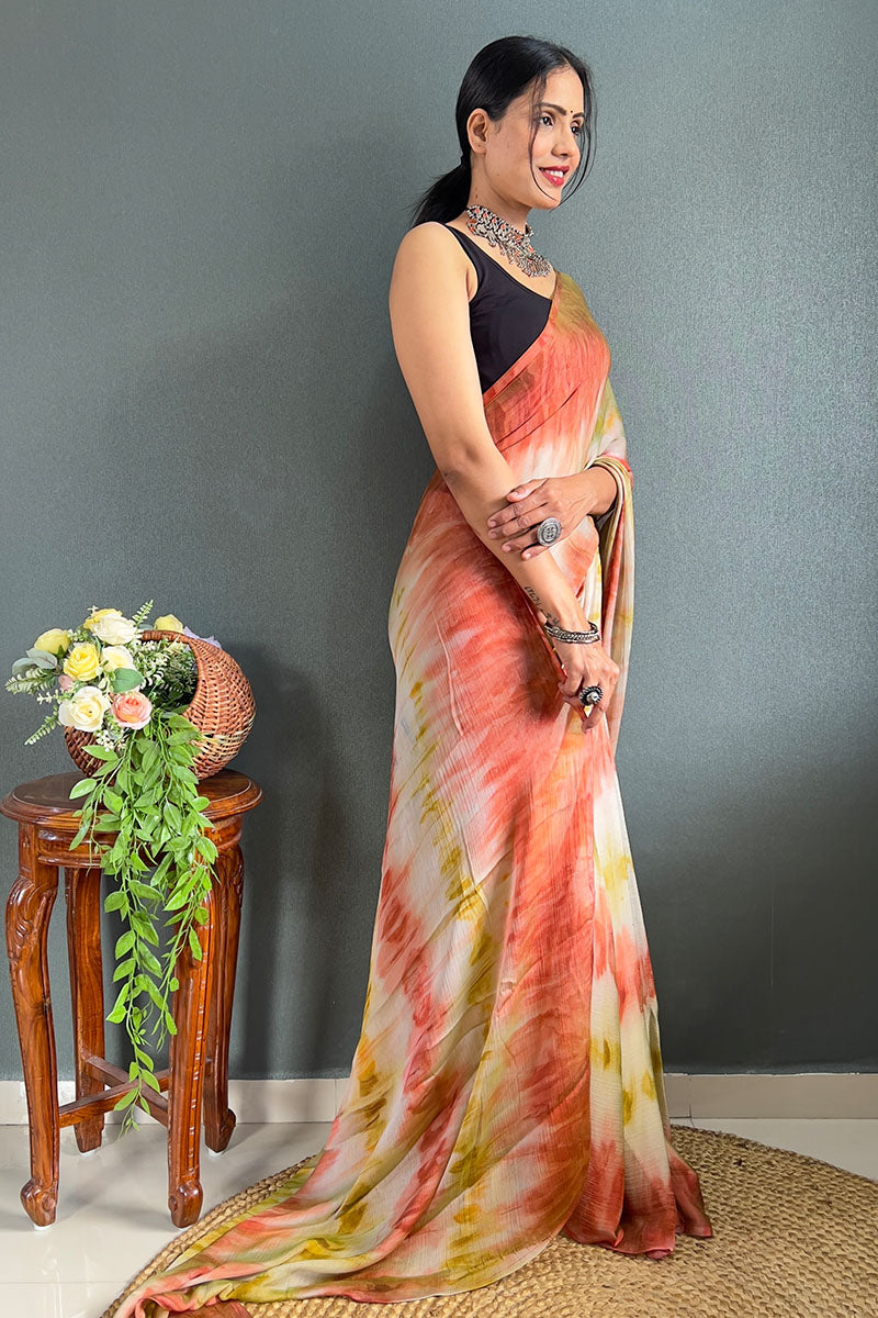 Most Flattering Beige And Orange 1 Minute Ready To Wear Nylon Silk Saree