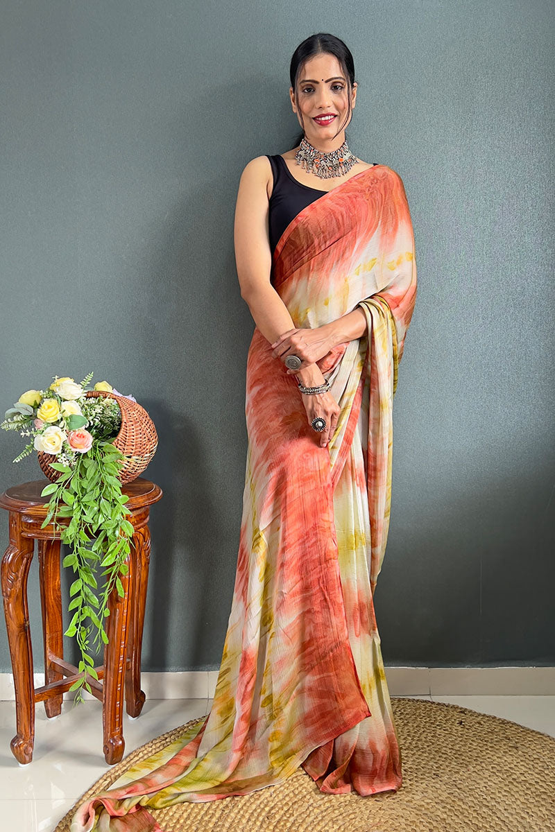 Most Flattering Beige And Orange 1 Minute Ready To Wear Nylon Silk Saree
