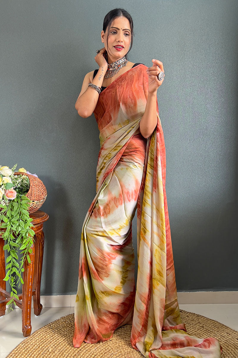 Most Flattering Beige And Orange 1 Minute Ready To Wear Nylon Silk Saree