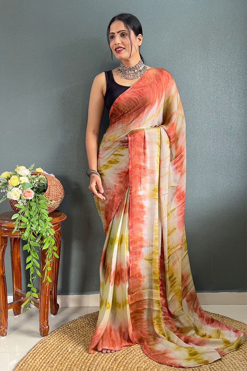 Most Flattering Beige And Orange 1 Minute Ready To Wear Nylon Silk Saree