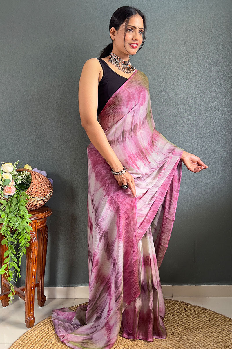 Prettiest Pink And Beige 1 Minute Ready To Wear Nylon Silk Saree