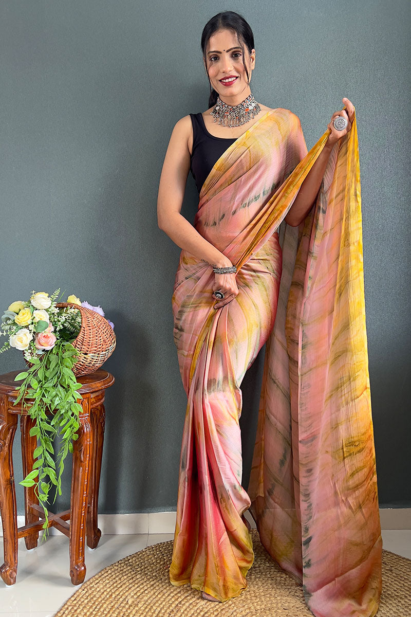 Surreptitious Peach And Yellow 1 Minute Ready To Wear Nylon Silk Saree