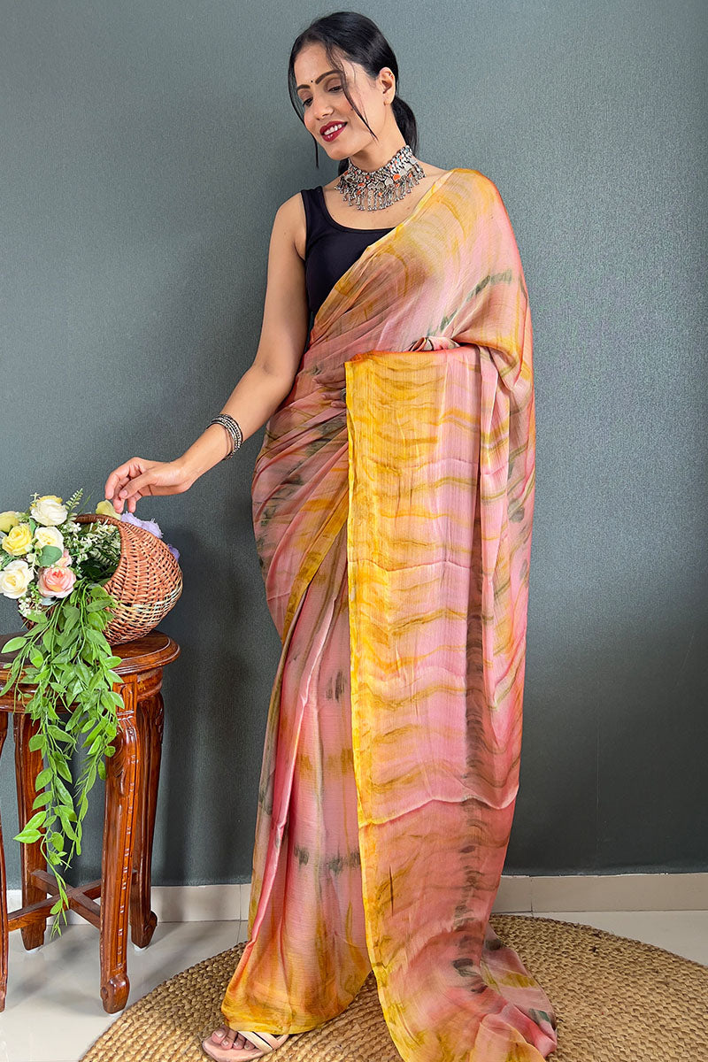 Surreptitious Peach And Yellow 1 Minute Ready To Wear Nylon Silk Saree
