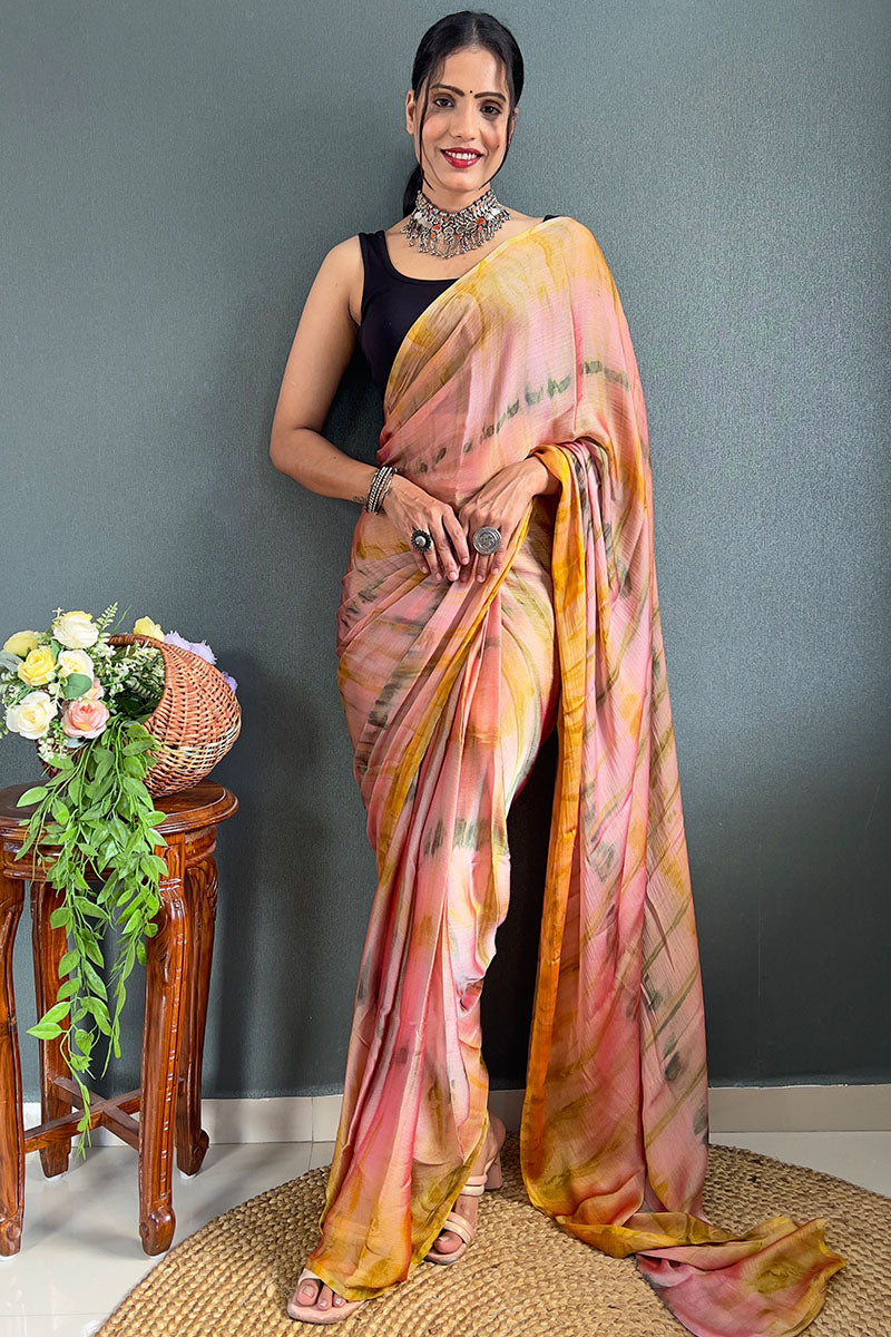 Surreptitious Peach And Yellow 1 Minute Ready To Wear Nylon Silk Saree