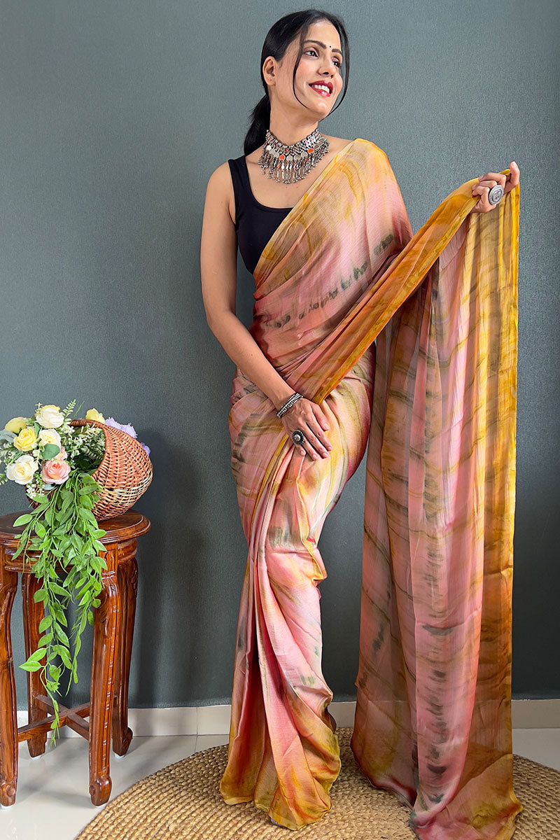 Surreptitious Peach And Yellow 1 Minute Ready To Wear Nylon Silk Saree
