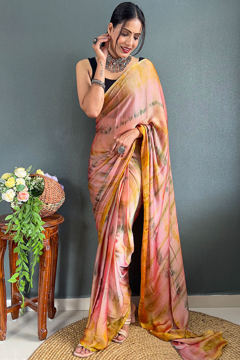 Surreptitious Peach And Yellow 1 Minute Ready To Wear Nylon Silk Saree