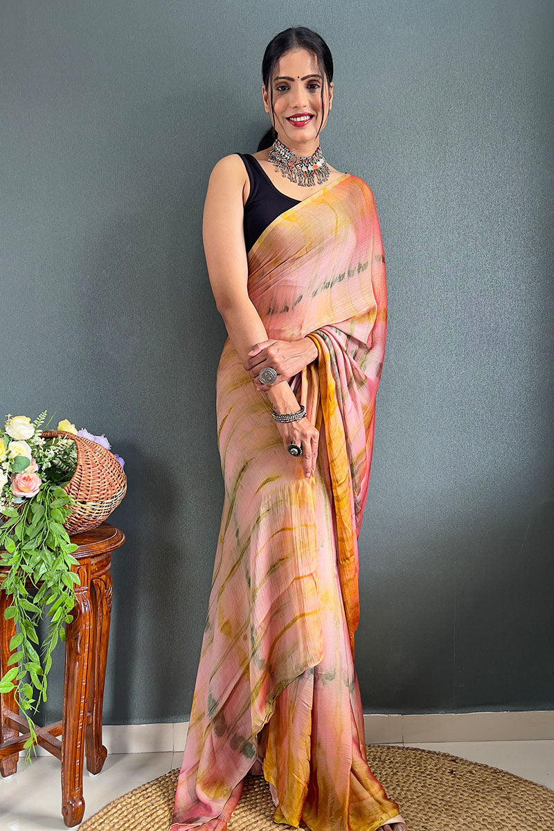 Surreptitious Peach And Yellow 1 Minute Ready To Wear Nylon Silk Saree