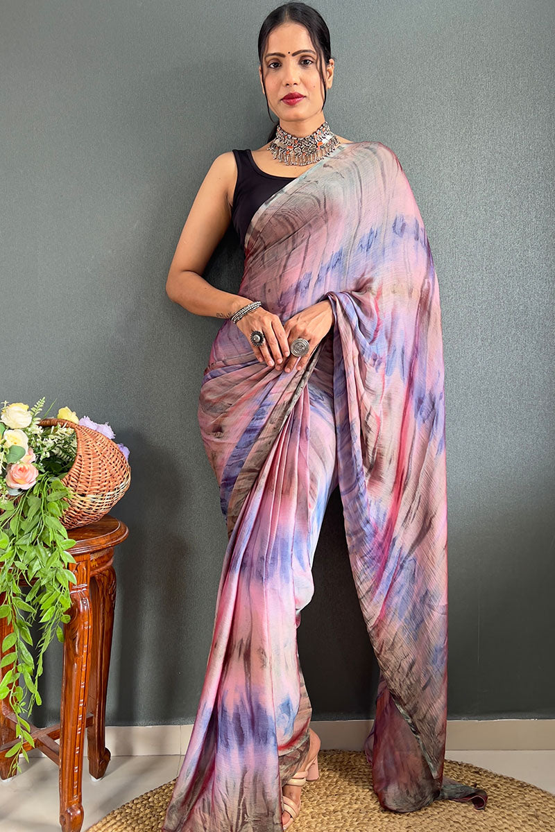 Vestigial Pink And Green 1 Minute Ready To Wear Nylon Silk Saree