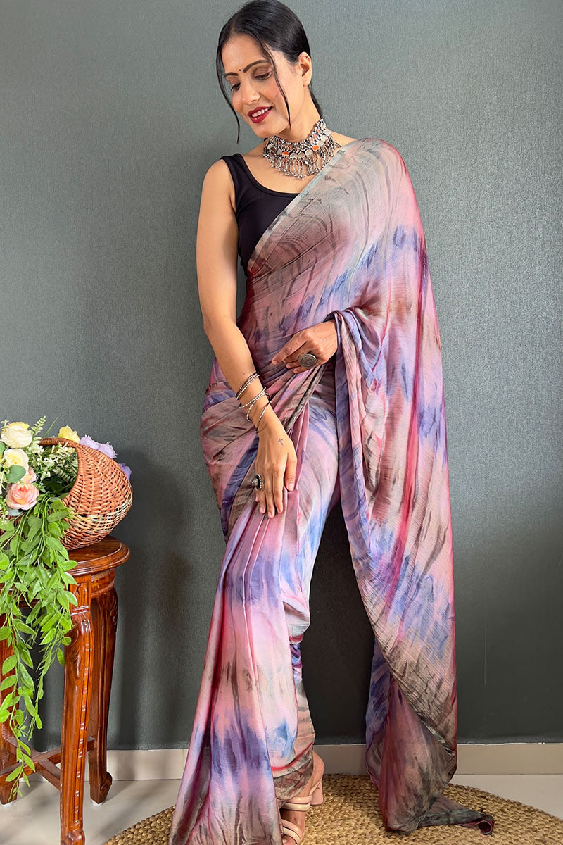 Vestigial Pink And Green 1 Minute Ready To Wear Nylon Silk Saree