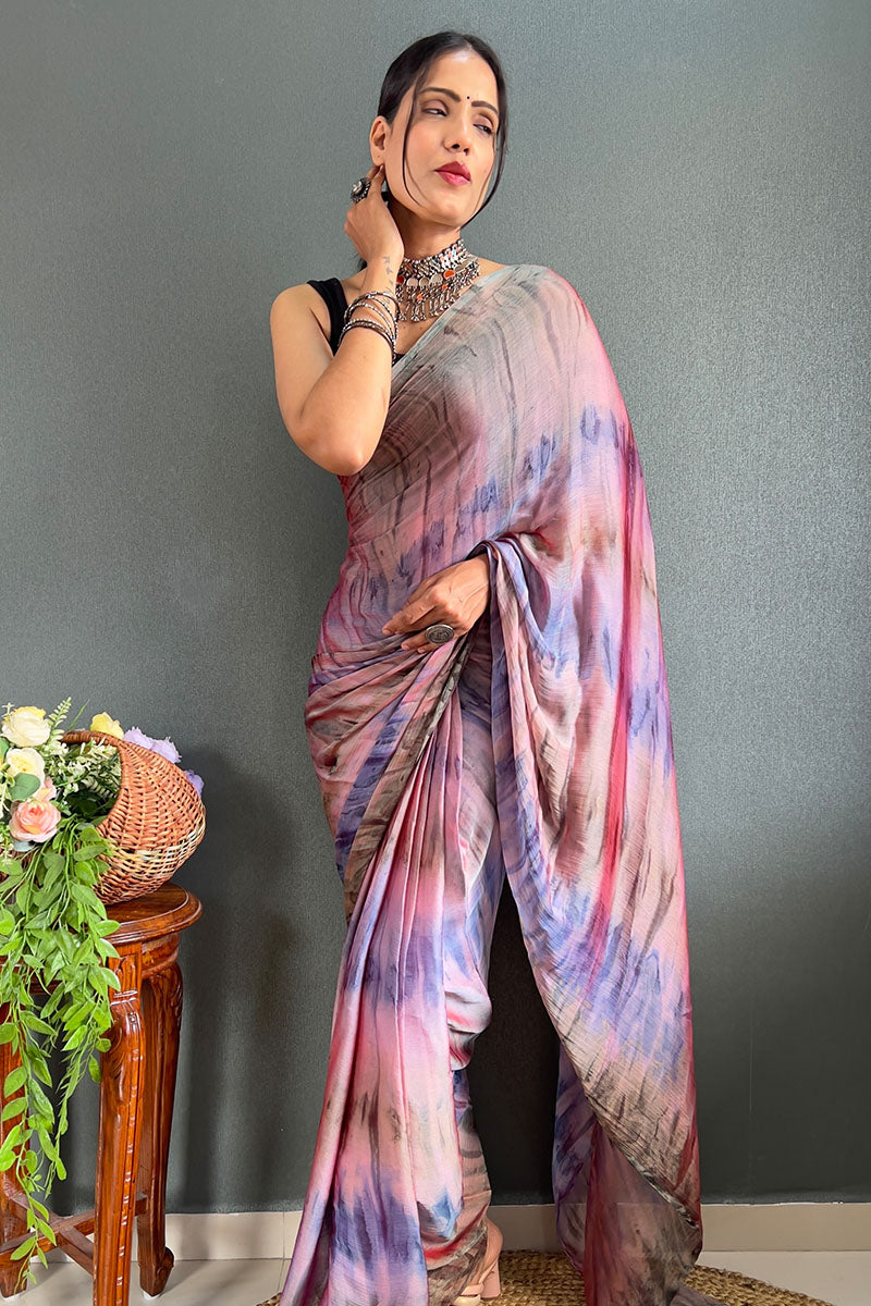 Vestigial Pink And Green 1 Minute Ready To Wear Nylon Silk Saree