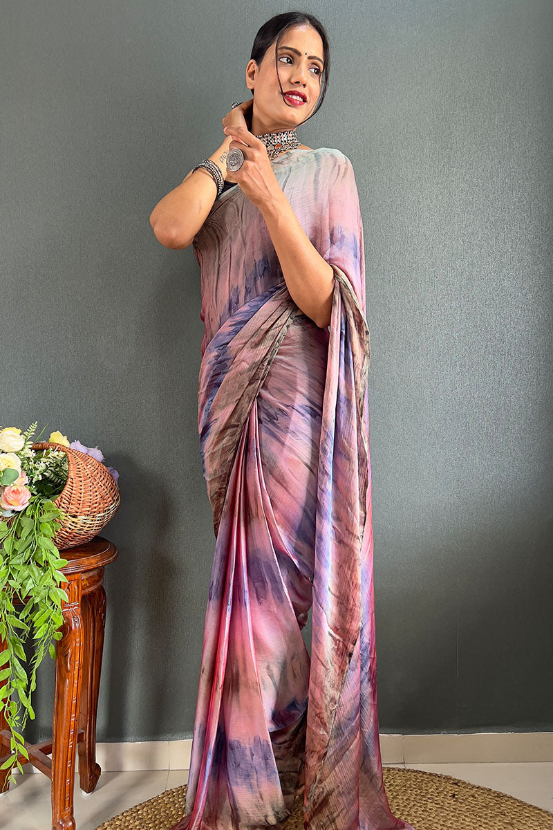 Vestigial Pink And Green 1 Minute Ready To Wear Nylon Silk Saree