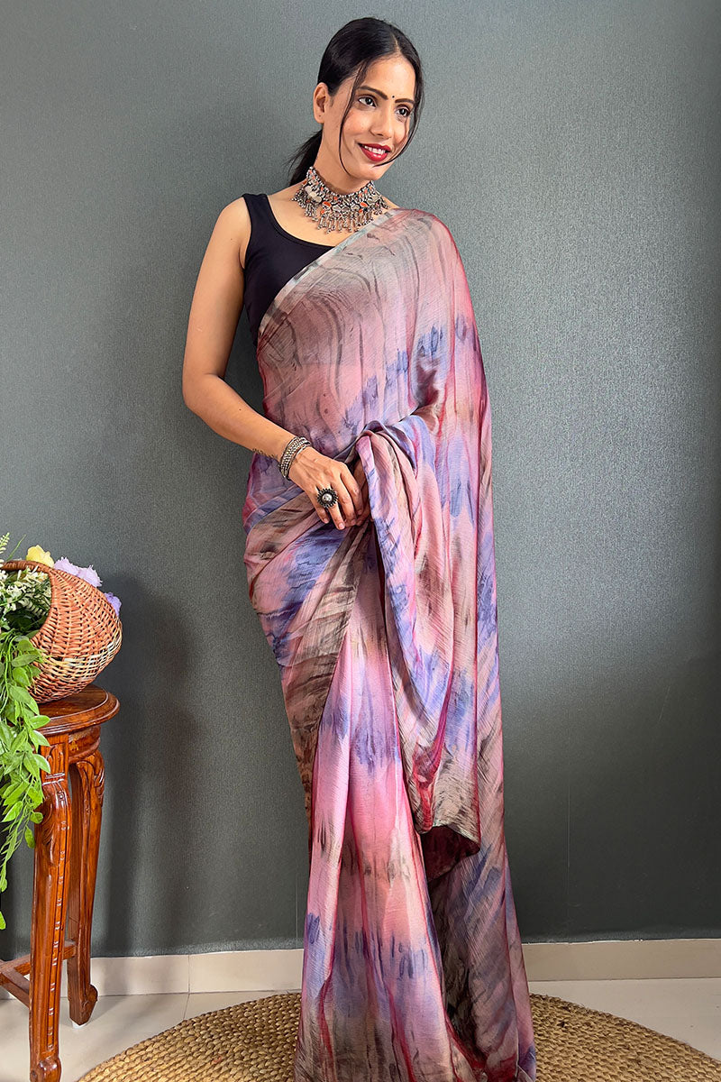Vestigial Pink And Green 1 Minute Ready To Wear Nylon Silk Saree