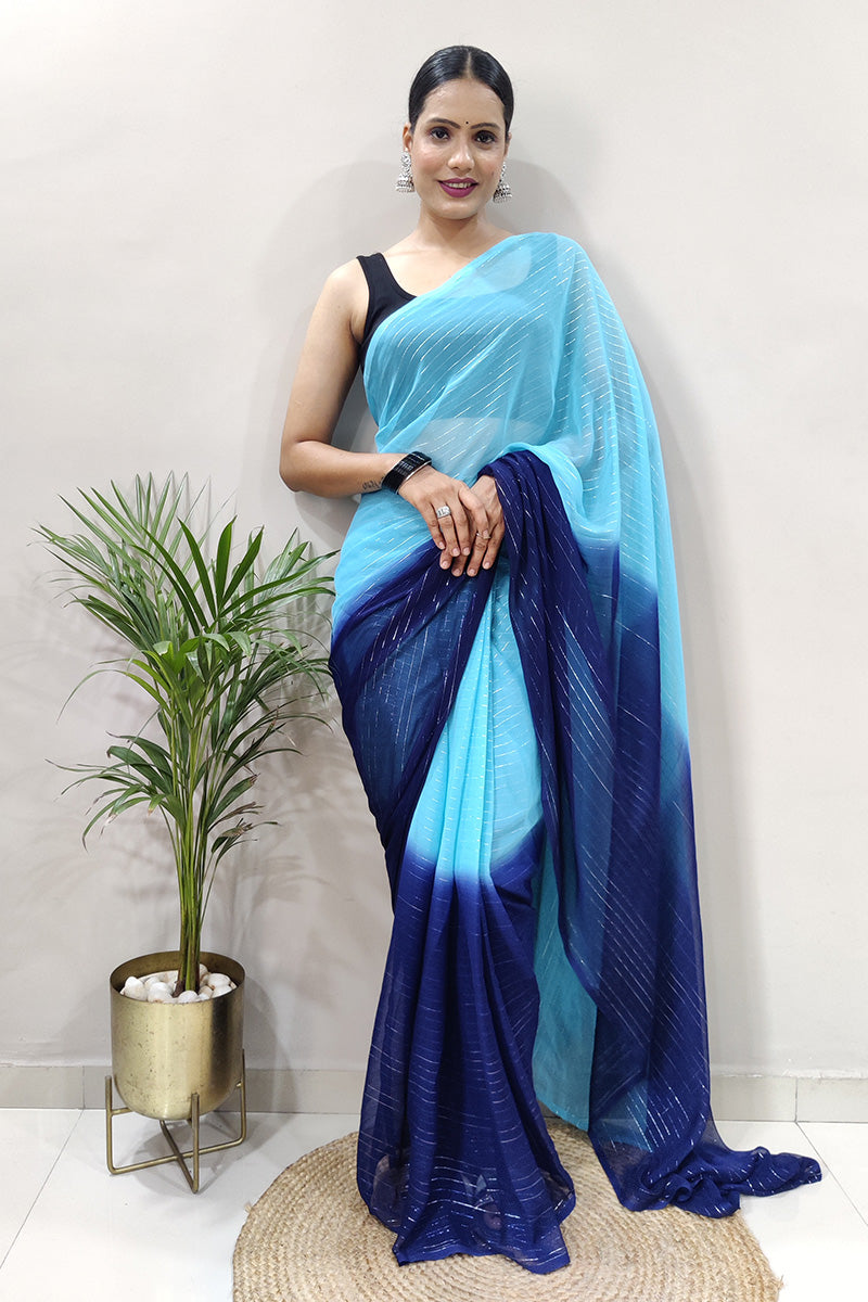 Smashing Sky Blue 1 Minute Ready To Wear Zari Lining Viscose Saree