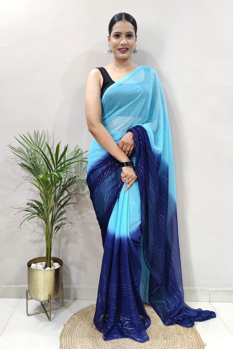 Smashing Sky Blue 1 Minute Ready To Wear Zari Lining Viscose Saree