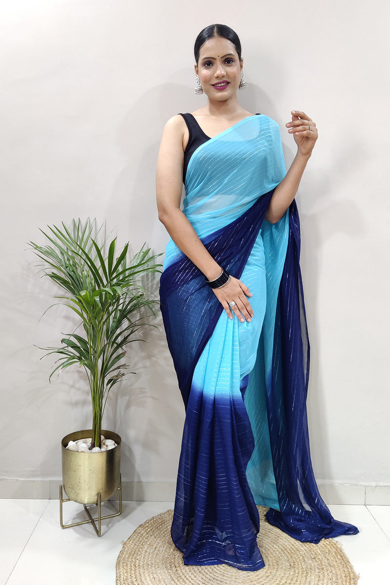 Smashing Sky Blue 1 Minute Ready To Wear Zari Lining Viscose Saree