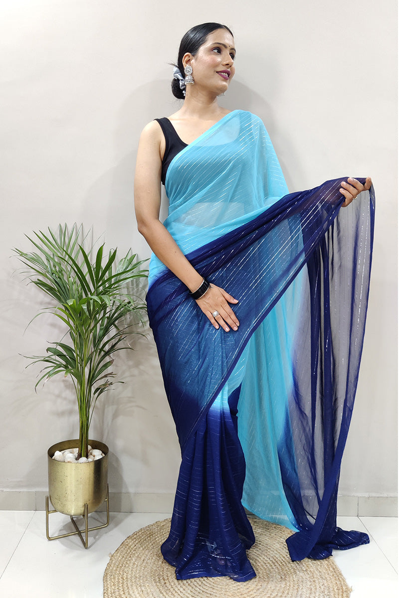 Smashing Sky Blue 1 Minute Ready To Wear Zari Lining Viscose Saree