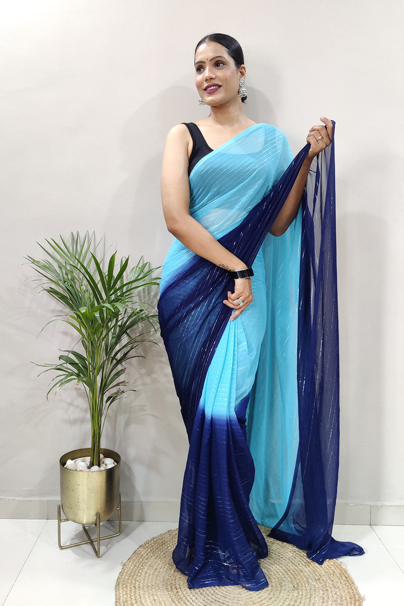 Smashing Sky Blue 1 Minute Ready To Wear Zari Lining Viscose Saree