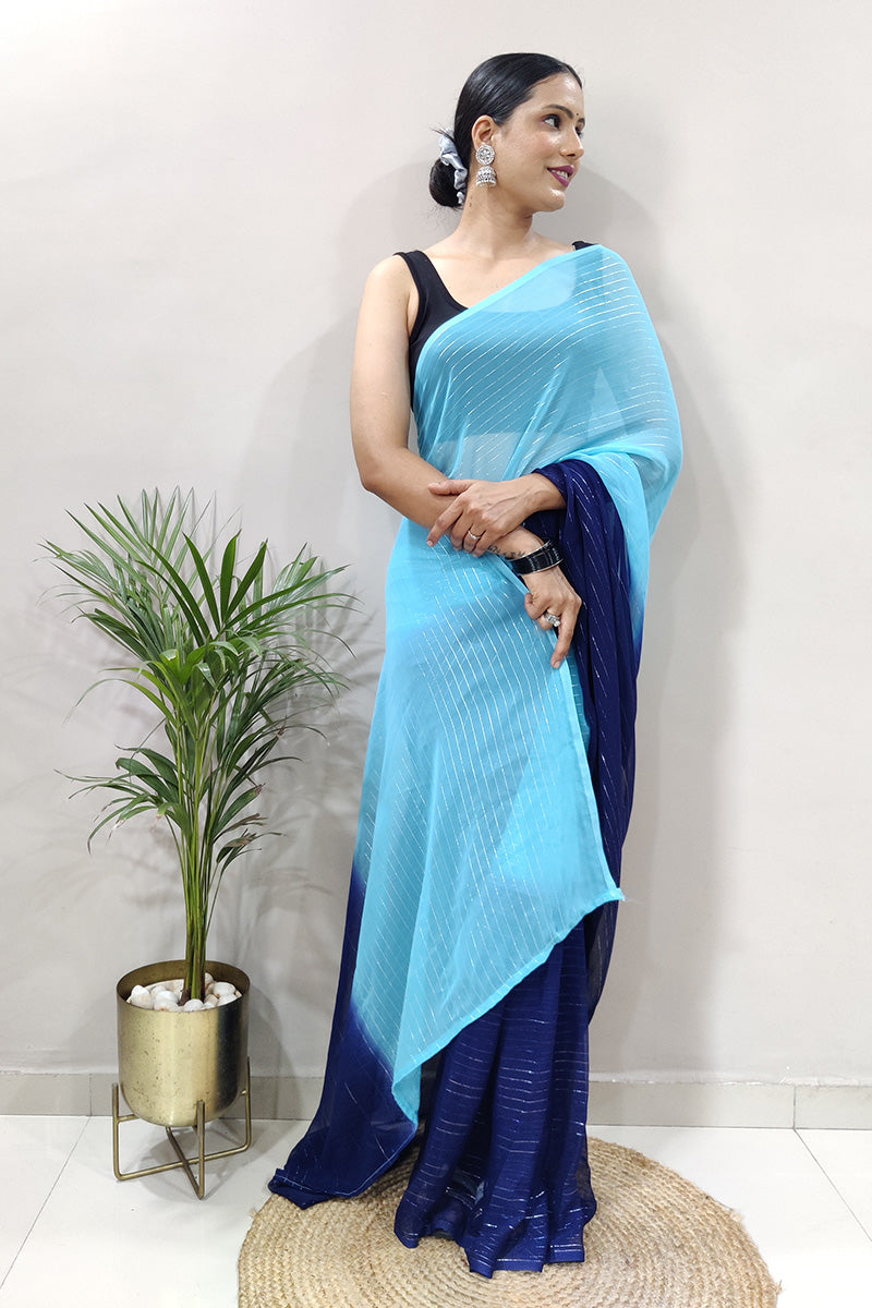 Smashing Sky Blue 1 Minute Ready To Wear Zari Lining Viscose Saree