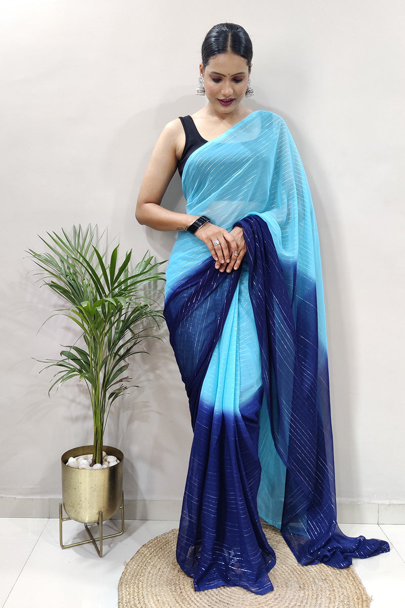 Smashing Sky Blue 1 Minute Ready To Wear Zari Lining Viscose Saree