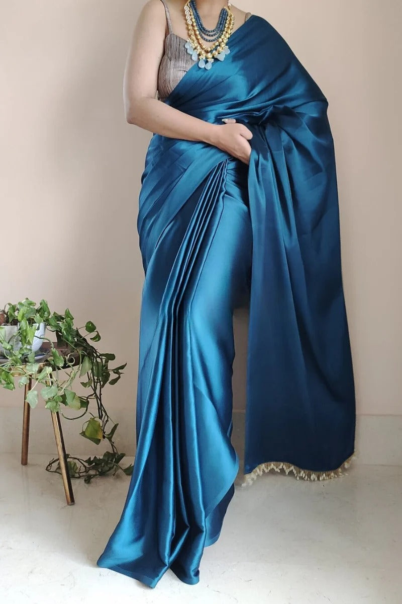 Demesne Cobalt Blue 1 Minute Ready To Wear Satin Silk Saree With Handmade Tassels